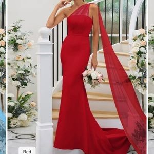 Red one shoulder long dress